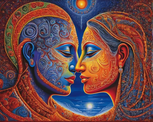 two people,amorous,mother kiss,african art,man and woman,all forms of love,oil painting on canvas,global oneness,sun and moon,harmonious,loving couple sunrise,lovers,indian art,girl kiss,connectedness,couple - relationship,self unity,couple in love,young couple,intimacy,Illustration,Abstract Fantasy,Abstract Fantasy 21