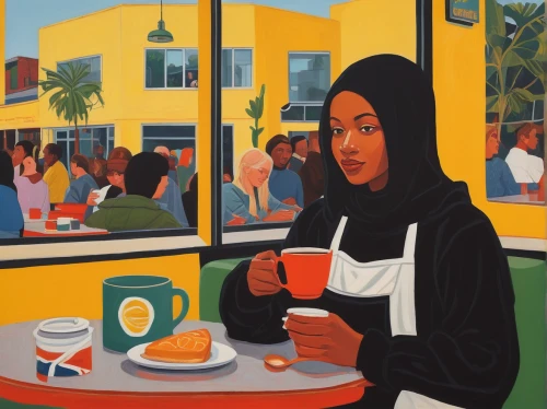 woman at cafe,woman drinking coffee,women at cafe,the coffee shop,coffee shop,oil on canvas,girl with bread-and-butter,café au lait,woman holding pie,yolanda's-magnolia,street cafe,coffeehouse,girl with cereal bowl,cafe,parisian coffee,café,breakfast table,girl in the kitchen,the girl at the station,woman sitting,Conceptual Art,Daily,Daily 29