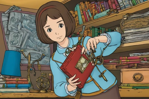 akko,bookworm,librarian,girl studying,bookstore,child with a book,magic book,bookcase,book store,scholar,clockmaker,lupin,studio ghibli,bookshop,tea and books,open book,euphonium,yui hirasawa k-on,books,hiyayakko,Illustration,Japanese style,Japanese Style 13