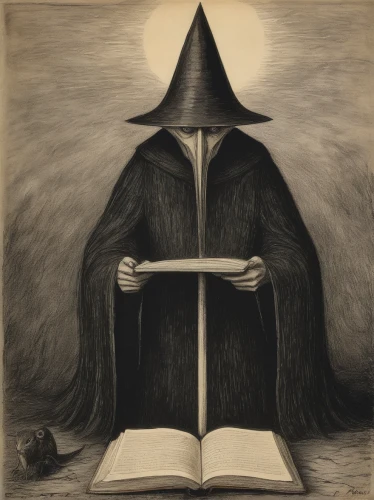 wizard,magic book,witch hat,magus,the wizard,scholar,spell,witch's hat,the witch,occult,witches' hats,magic grimoire,divination,witches hat,book illustration,grimm reaper,magistrate,conical hat,reader,cloak,Illustration,Black and White,Black and White 23