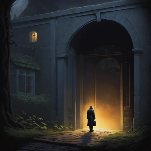 the threshold of the house,threshold,game illustration,house silhouette,ghost castle,sci fiction illustration,dandelion hall,hollow way,light of night,lostplace,sherlock holmes,holmes,blind alley,the haunted house,mystery book cover,night scene,the door,investigator,witch's house,creepy doorway,Conceptual Art,Sci-Fi,Sci-Fi 25