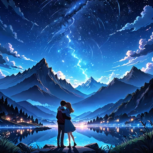 landscape background,starry sky,romantic scene,falling stars,love background,musical background,the night sky,music background,rainbow and stars,night sky,the moon and the stars,background image,moon and star background,fantasy picture,background screen,creative background,night stars,romantic night,girl and boy outdoor,starry night,Anime,Anime,General