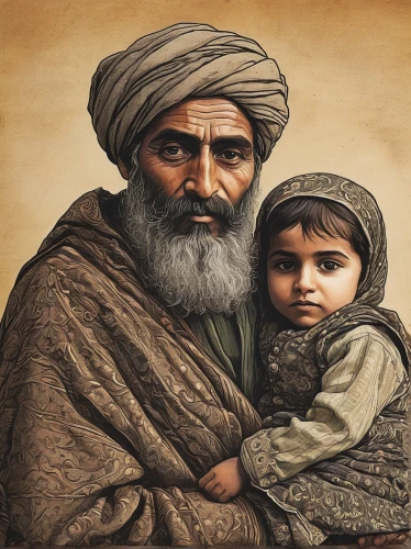 father with child,bedouin,nomadic people,nomadic children,turban,middle eastern monk,sikh,orientalism,baloch,man and boy,old couple,old age,oil painting on canvas,grandfather,mother and father,khorasan wheat,sackcloth,old woman,pensioner,refugee,Illustration,Black and White,Black and White 27
