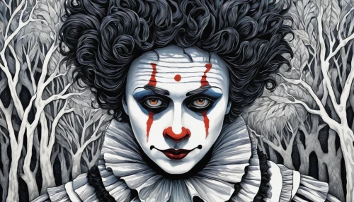 horror clown,creepy clown,pierrot,scary clown,rodeo clown,clown,it,cirque,joker,circus animal,circus,cirque du soleil,jester,trickster,queen of hearts,sting,mime artist,gothic portrait,syndrome,bodypainting,Illustration,Black and White,Black and White 15