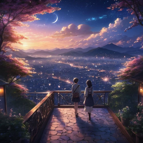 violet evergarden,romantic scene,evening atmosphere,above the city,romantic night,dusk background,romantic meeting,landscape background,night scene,summer evening,overlook,in the evening,kiyomizu,dream world,kyoto,starry sky,the horizon,serenade,meteora,scenery,Photography,General,Natural