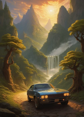 ford maverick,fantasy landscape,canyon,porsche 914,jaguar xjs,dodge challenger,ford pinto,pontiac tempest,pontiac,pontiac ventura,cartoon video game background,fantasy picture,3d car wallpaper,world digital painting,rolls-royce silver dawn,porsche 924,porsche 944,ford fg falcon,landscape background,amc eagle,Conceptual Art,Fantasy,Fantasy 28