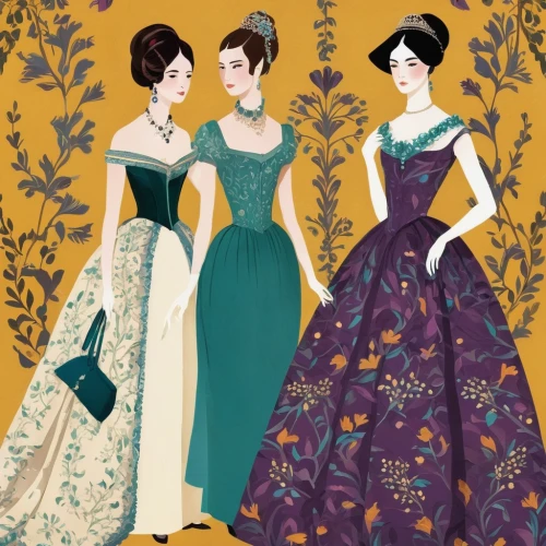 sewing silhouettes,women silhouettes,fashion illustration,fashion vector,vintage illustration,vintage print,victorian fashion,jane austen,sewing pattern girls,evening dress,dressmaker,three flowers,vintage paper doll,dresses,mulberry family,ball gown,downton abbey,botanical print,the three graces,seamless pattern,Illustration,Vector,Vector 08