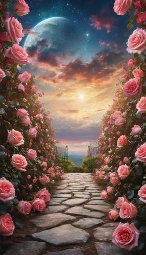 landscape rose,way of the roses,sky rose,fantasy picture,flowers celestial,cosmos field,flower background,romantic rose,landscape background,fantasy landscape,free land-rose,blooming field,rose order,blue moon rose,the sleeping rose,field of flowers,flower field,splendor of flowers,rose garden,blooming roses