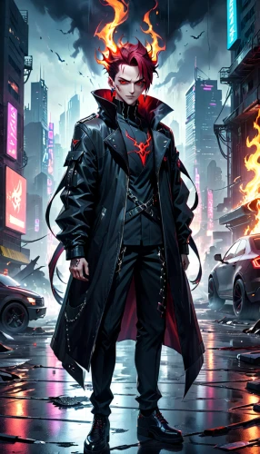 dodge warlock,red hood,katakuri,fire devil,dean razorback,cyberpunk,devil,renegade,villain,daredevil,cg artwork,transistor,game illustration,vladimir,fire background,scarlet witch,daemon,yukio,angry man,sci fiction illustration,Anime,Anime,General