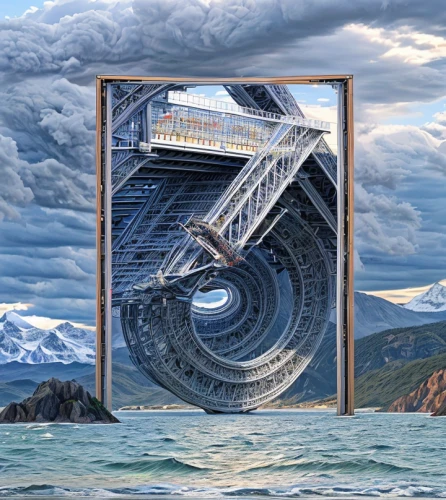 time spiral,trip computer,cyclocomputer,stargate,wormhole,surrealism,panopticon,flow of time,cd cover,fractalius,panoramical,portals,water wheel,fractals art,computer art,random access memory,photomontage,parallel worlds,spiralling,vortex