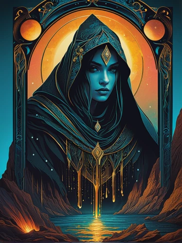 sorceress,priestess,zodiac sign libra,elven,libra,fantasy art,cloak,blue enchantress,mage,mirror of souls,fantasy portrait,game illustration,fjord,jaya,arcanum,sci fiction illustration,aurora-falter,caerula,ethereum icon,kadala,Illustration,Black and White,Black and White 34