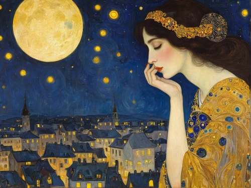 art nouveau,rem in arabian nights,la violetta,mucha,moonlit night,blue moon,blue moon rose,moon night,orsay,moon phase,moonlit,night scene,art nouveau design,queen of the night,lady of the night,bora french,herfstanemoon,woman with ice-cream,radha,paris,Art,Artistic Painting,Artistic Painting 32
