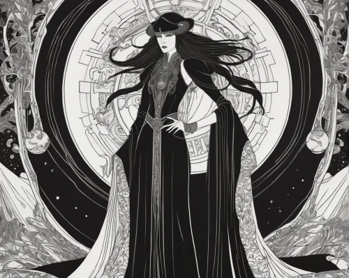 queen of the night,sorceress,imperial coat,the enchantress,priestess,lady of the night,dance of death,art deco woman,goddess of justice,crow queen,rusalka,sci fiction illustration,widow,phantom,gothic woman,wraith,tarot,the witch,rasputin,the snow queen,Illustration,Black and White,Black and White 24