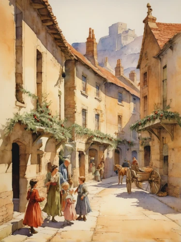 medieval street,street scene,l'isle-sur-la-sorgue,dordogne,provencal life,village scene,provence,the pied piper of hamelin,aix-en-provence,france,medieval market,arles,watercolor shops,french tourists,asher durand,moret-sur-loing,amboise,moustiers-sainte-marie,hamelin,robert duncanson,Illustration,Paper based,Paper Based 23