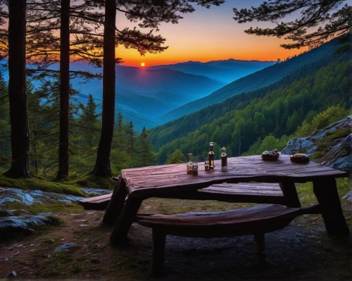 picnic table,outdoor table,mountain sunrise,carpathians,wooden bench,outdoor table and chairs,outdoor bench,alpine sunset,breakfast table,outdoor dining,great smoky mountains,wooden table,berchtesgaden national park,sweet table,beautiful landscape,austria,slowinski national park,slovenia,dinner for two,romantic dinner,Photography,Documentary Photography,Documentary Photography 25