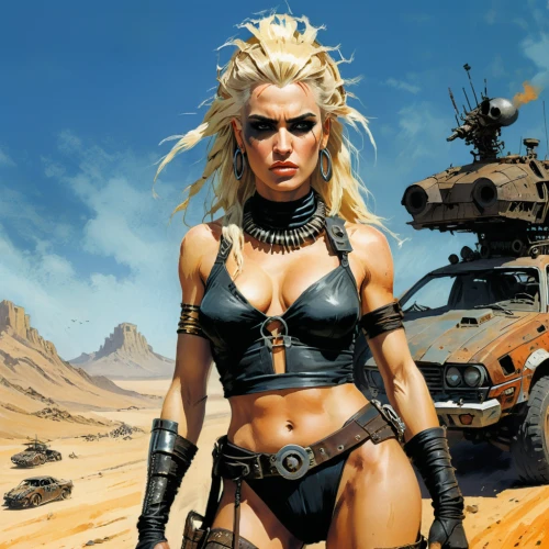 mad max,female warrior,hard woman,warrior woman,callisto,sci fiction illustration,alien warrior,barb wire,post apocalyptic,world digital painting,wasteland,femme fatale,game art,fantasy art,sci fi,heavy armour,fantasy warrior,massively multiplayer online role-playing game,heroic fantasy,lady rocks,Conceptual Art,Fantasy,Fantasy 08
