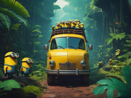 school bus,schoolbus,minions,animal train,cartoon forest,minion,cartoon video game background,taxi,wild animals crossing,minion tim,whimsical animals,yellow taxi,forest animals,caravan,caterpillar gypsy,tropical animals,yellow jeep,bee farm,banana family,bumblebees,Conceptual Art,Sci-Fi,Sci-Fi 11