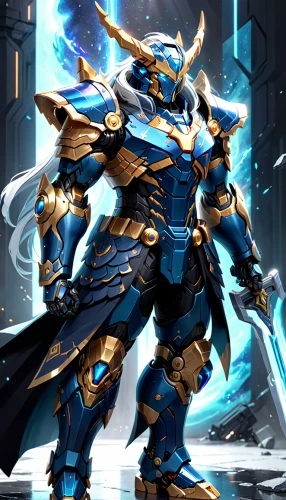 dark blue and gold,armored,dane axe,knight armor,rein,paysandisia archon,dragoon,wind warrior,fantasy warrior,armored animal,norse,armor,bronze horseman,argus,garuda,poseidon god face,blue enchantress,warlord,cynosbatos,pharaoh,Anime,Anime,General