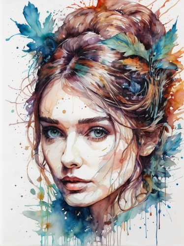 watercolor women accessory,boho art,girl in a wreath,watercolor paint,watercolor wreath,mystical portrait of a girl,watercolor blue,watercolor painting,watercolor paint strokes,watercolor,watercolor pencils,girl portrait,fae,faery,watercolor floral background,girl in flowers,girl drawing,portrait of a girl,watercolors,illustrator,Illustration,Paper based,Paper Based 13