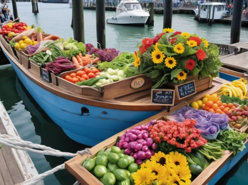 flower cart,pineapple boat,farmers market flowers,colorful vegetables,flowers in basket,farmer's market,fishermans wharf,basket with flowers,shrimp boats,flower basket,market vegetables,crate of vegetables,wooden boats,flower delivery,vegetable basket,farmers market,flowers in wheel barrel,sea carnations,fruits of the sea,cart of apples,Illustration,Realistic Fantasy,Realistic Fantasy 19