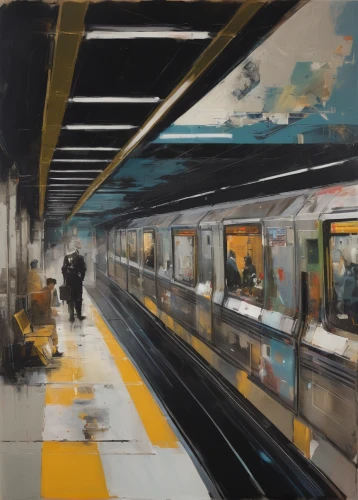 yellow line,skytrain,subway station,hollywood metro station,early train,sky train,the girl at the station,last train,commuting,transit,trains,commute,metro station,metro,train way,stations,train,commuter,subway,subway system,Conceptual Art,Oil color,Oil Color 01