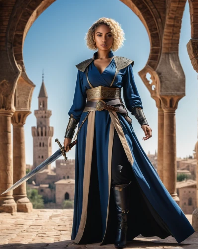 heroic fantasy,female warrior,cosplay image,girl in a historic way,imperial coat,swordswoman,blue enchantress,biblical narrative characters,elaeis,digital compositing,joan of arc,games of light,game of thrones,fantasy woman,miss circassian,celebration cape,goddess of justice,castleguard,merida,mazarine blue,Photography,Documentary Photography,Documentary Photography 08