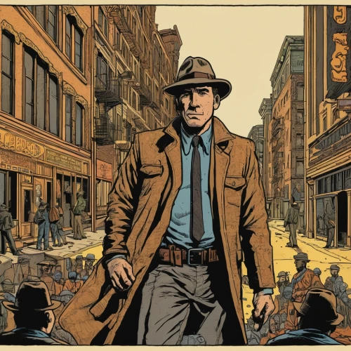 indiana jones,detective,gunfighter,sherlock holmes,overcoat,holmes,private investigator,walking man,a pedestrian,brown hat,wild west,stetson,inspector,trilby,fedora,robert harbeck,comic style,cordwainer,blind alley,lamplighter,Illustration,Vector,Vector 15