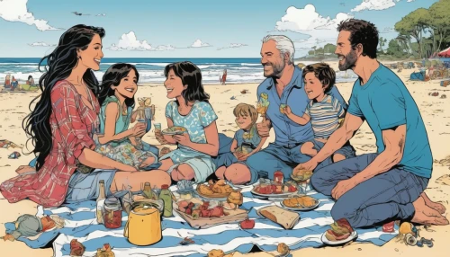 family picnic,hemp family,christmas on beach,the people in the sea,people on beach,holy supper,herring family,arrowroot family,last supper,beach restaurant,melastome family,harmonious family,picnic,family anno,beach goers,island group,cover,family gathering,mulberry family,families,Illustration,American Style,American Style 06