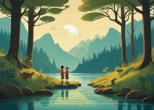 travel poster,game illustration,river pines,forest background,creek,forests,lakeside,mountainlake,landscape background,hikers,the forests,wilderness,spruce forest,swampy landscape,forest landscape,river landscape,mountain lake,forest,wander,the forest,Illustration,Vector,Vector 05