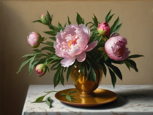 still life of spring,peonies,pink peony,pink lisianthus,peony pink,peony,peony bouquet,pink tulips,flower painting,vase,common peony,floral composition,flower vase,cloves schwindl inge,chinese peony,magnolia,tulips,two tulips,tulip bouquet,still-life,Art,Classical Oil Painting,Classical Oil Painting 41