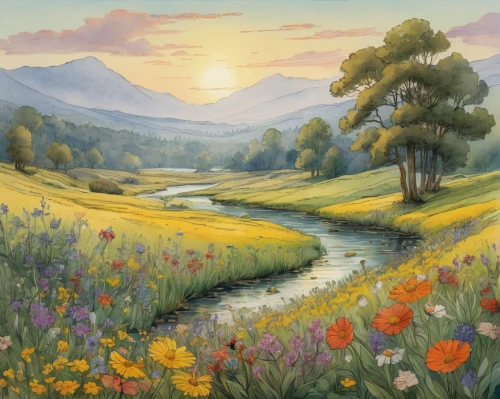 meadow in pastel,meadow landscape,salt meadow landscape,summer meadow,mountain meadow,spring meadow,blooming field,alpine meadow,flowering meadow,flower meadow,landscape background,flower field,clover meadow,springtime background,meadow,flower painting,wildflower meadow,the valley of flowers,nature landscape,watercolor background,Illustration,Retro,Retro 22