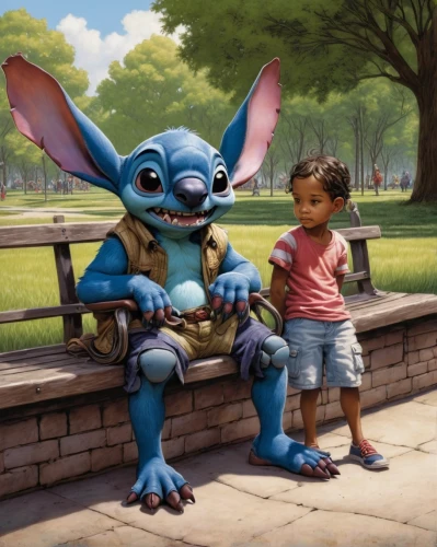 stitch,shanghai disney,lilo,children's background,digital compositing,miguel of coco,child is sitting,blue wooden bee,child in park,skylander giants,cute cartoon character,girl and boy outdoor,cute cartoon image,cg artwork,talking,kids illustration,chalk drawing,childhood friends,disney world,chatting,Illustration,American Style,American Style 02