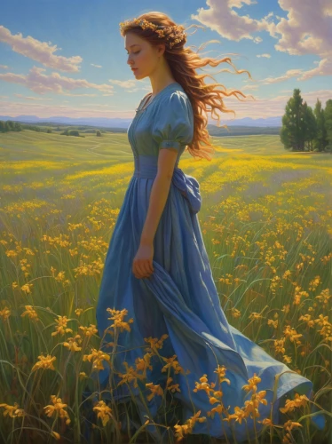 summer meadow,yellow grass,meadow,meadow landscape,little girl in wind,celtic woman,dandelion meadow,meadow in pastel,blooming field,dandelion field,chamomile in wheat field,field of flowers,flowering meadow,girl in a long dress,girl in flowers,sun flowers,mirror in the meadow,fantasy picture,in the tall grass,idyll,Illustration,Realistic Fantasy,Realistic Fantasy 03