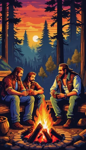 campfire,game illustration,campfires,camp fire,campers,pixel art,men sitting,lumberjack pattern,fire in the mountains,forest workers,fire background,album cover,three wise men,cigars,boy scouts,bbq,game art,the three wise men,log fire,pine family,Unique,Pixel,Pixel 05