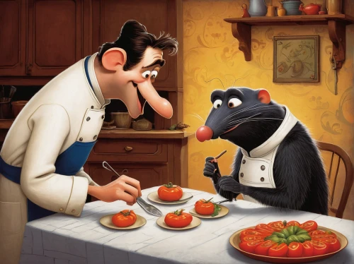 ratatouille,figaro,dinner for two,cookery,cuisine classique,anthropomorphized animals,chef,mice,sylvester,game illustration,waiter,tom and jerry,romantic dinner,gastronomy,courtship,chefs,gazpacho,book illustration,men chef,bistro,Illustration,Abstract Fantasy,Abstract Fantasy 09