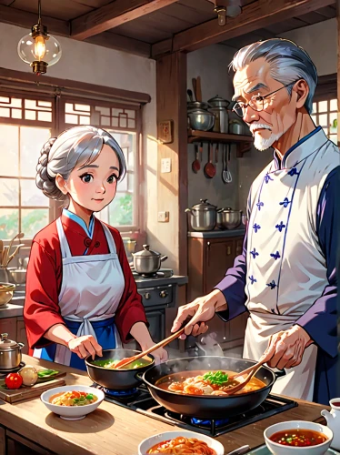 studio ghibli,food and cooking,old couple,cooking show,game illustration,cookery,cooking book cover,huaiyang cuisine,korean chinese cuisine,korean royal court cuisine,red cooking,grandparents,korean cuisine,korean folk village,cooking vegetables,chefs,elderly people,cooking,korean culture,food preparation,Anime,Anime,General