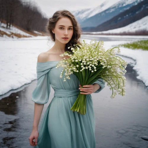 holding flowers,beautiful girl with flowers,girl on the river,girl in a long dress,the amur adonis,celtic woman,girl in flowers,white winter dress,romantic portrait,bridesmaid,white rose snow queen,romantic look,with a bouquet of flowers,winter dress,flower girl,rosa khutor,the snow queen,amur adonis,bridal dress,the blonde in the river,Conceptual Art,Oil color,Oil Color 05
