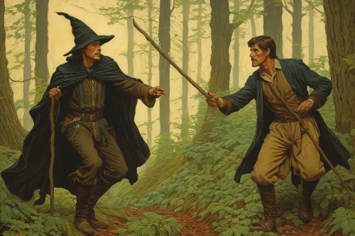 forest workers,quarterstaff,pilgrims,wizards,hanging elves,foragers,elves,witches,duel,pied piper,the pied piper of hamelin,tall tales,dowsing,hunting scene,foraging,game illustration,druid grove,monks,pathfinders,sci fiction illustration,Illustration,Retro,Retro 01