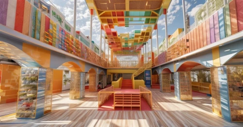 children's interior,panoramical,hall of supreme harmony,school design,children's operation theatre,shipping containers,cube stilt houses,3d rendering,hanging houses,toy store,children's playground,hanging temple,children's room,shipping container,sky space concept,hall of nations,children's playhouse,colorful facade,fantasy city,3d fantasy
