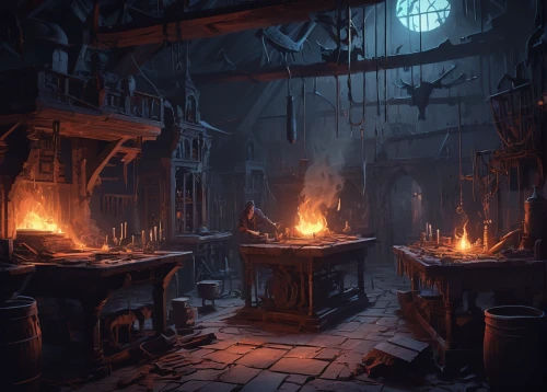 candlemaker,blacksmith,tinsmith,apothecary,cauldron,fireplaces,witch's house,forge,hearth,dark cabinetry,dungeon,dungeons,witch house,potter's wheel,distillation,castle iron market,metallurgy,collected game assets,alchemy,foundry,Conceptual Art,Fantasy,Fantasy 02