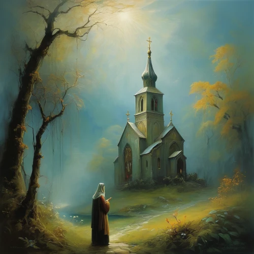 church painting,church faith,wooden church,black church,fredric church,house of prayer,the black church,little church,witch house,church religion,fantasy picture,gothic church,priest,haunted cathedral,archimandrite,witch's house,pilgrimage,holy place,monastery,holy places,Illustration,Realistic Fantasy,Realistic Fantasy 16