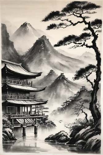 oriental painting,chinese art,cool woodblock images,japan landscape,yunnan,chinese architecture,japanese art,landscape background,huashan,chinese background,mountain scene,mountain landscape,the golden pavilion,yi sun sin,oriental,chinese style,wuyi,mountainous landscape,xing yi quan,japanese background,Illustration,Paper based,Paper Based 30