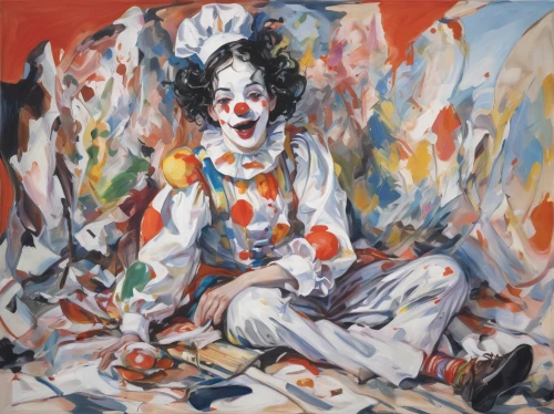 horror clown,creepy clown,clown,pierrot,rodeo clown,scary clown,joker,it,ronald,mime artist,mcdonald,woman eating apple,painter doll,popular art,mime,woman sitting,harlequin,clowns,trickster,painter,Conceptual Art,Oil color,Oil Color 18