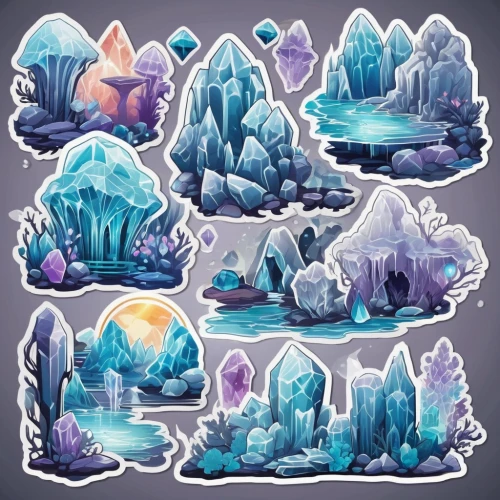 crystals,ice landscape,snowy peaks,sea caves,moutains,icebergs,snow mountains,blue caves,rock formations,leaf icons,waterfalls,ice cave,stickers,christmas stickers,mushroom landscape,snow globes,snowglobes,water glace,set of icons,the blue caves,Unique,Design,Sticker