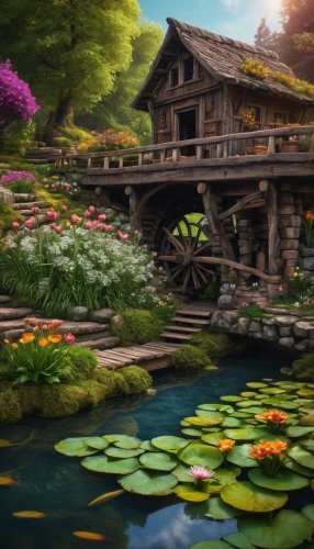 wooden bridge,fantasy landscape,lily pond,home landscape,pond flower,log bridge,summer cottage,water mill,garden pond,japan landscape,landscape background,world digital painting,fantasy picture,japanese garden,lotus pond,springtime background,pond,japan garden,house with lake,fairy village,Photography,General,Fantasy