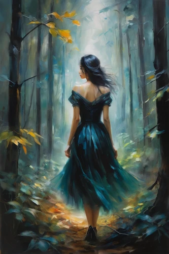 ballerina in the woods,girl with tree,forest of dreams,mystical portrait of a girl,oil painting on canvas,oil painting,enchanted forest,in the forest,forest background,faerie,girl walking away,girl in a long dress,forest walk,throwing leaves,forest path,forest landscape,falling on leaves,woman playing,forest dark,faery,Illustration,Paper based,Paper Based 11