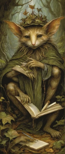 dryad,forest man,faerie,shamanism,gnarled,fae,anahata,goblin,shamanic,faery,druids,divination,uprooted,wood elf,faun,magus,mandraki,reading owl,green dragon,swampy landscape,Illustration,Realistic Fantasy,Realistic Fantasy 14