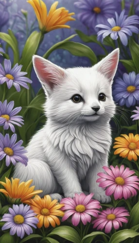 flower cat,blossom kitten,white cat,flower animal,springtime background,flower painting,tea party cat,eglantine,turkish angora,cat portrait,tommie crocus,turkish van,flower background,lilac blossom,spring background,birman,capricorn kitz,cartoon cat,felidae,cat image,Conceptual Art,Fantasy,Fantasy 30