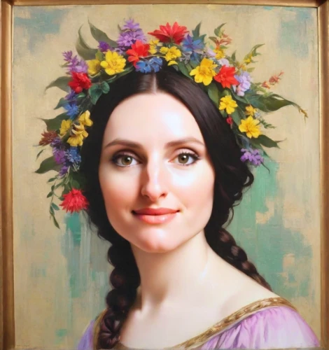 girl in flowers,flower crown of christ,girl in a wreath,beautiful girl with flowers,portrait of a girl,floral frame,wreath of flowers,mona lisa,flower crown,la violetta,floral wreath,fiori,portrait of christi,aubrietien,floral garland,bouguereau,flower painting,portrait of a woman,flora,verbena