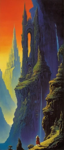 guards of the canyon,travel poster,ruined castle,futuristic landscape,citadel,fantasia,dune,fantasy landscape,red cliff,1986,canyon,1982,fantasy world,valley,castle of the corvin,horizon,the valley of the,knight's castle,fjord,bastei,Conceptual Art,Sci-Fi,Sci-Fi 19